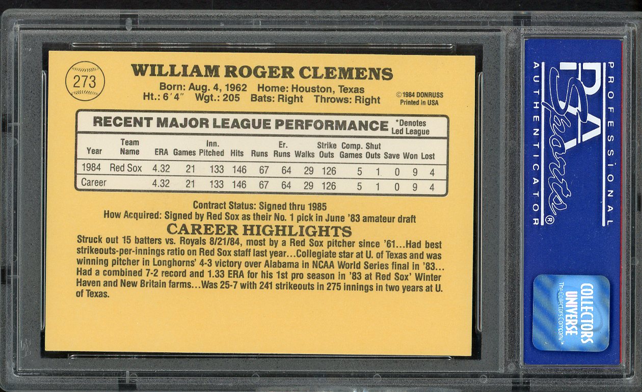 1985 Donruss #273 Roger Clemens Red Sox PSA 9 MINT 554617