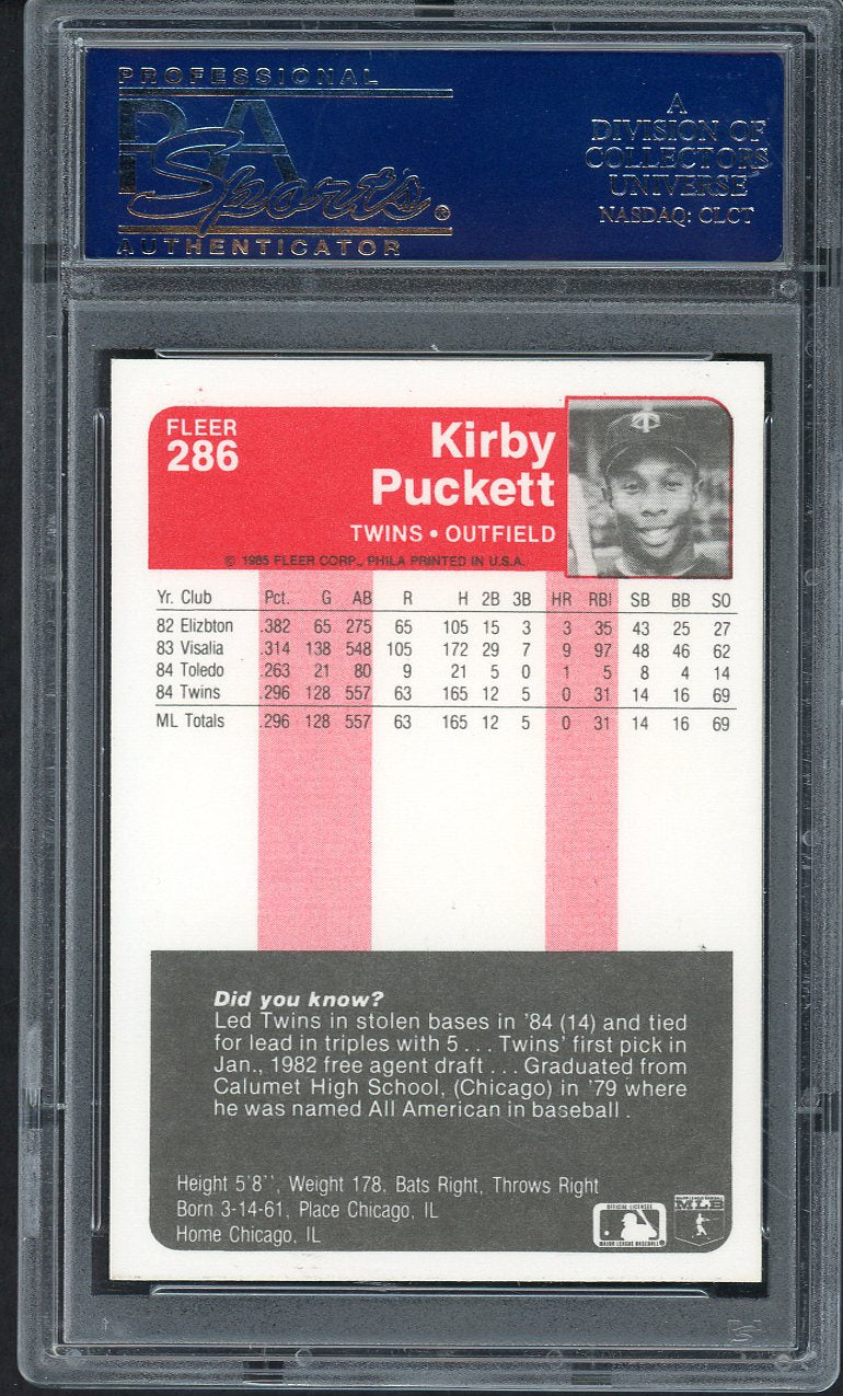 1985 Fleer #286 Kirby Puckett Twins PSA 9 MINT 554651