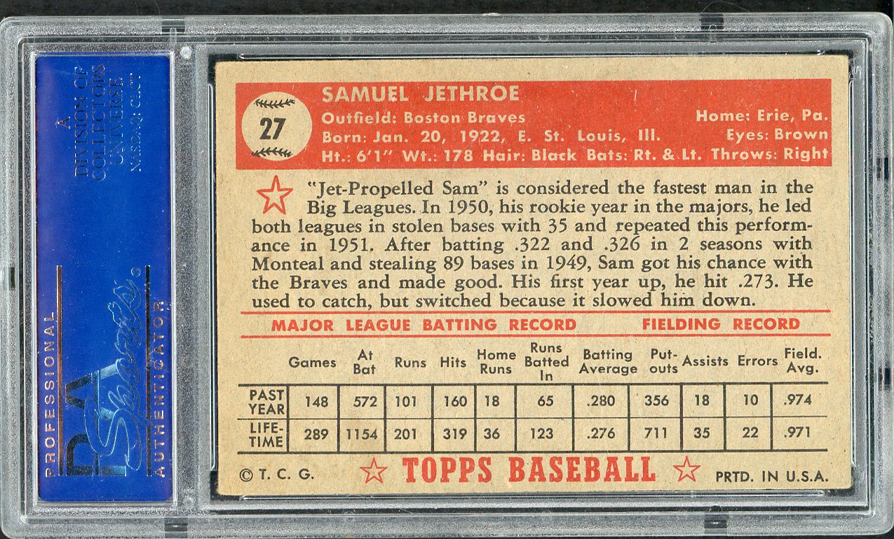 1952 Topps Baseball #027 Sam Jethroe Braves PSA 5 EX Red 554752