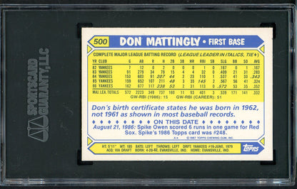 1987 Topps Tiffany #500 Don Mattingly Yankees SGC 10 GEM MINT 554872