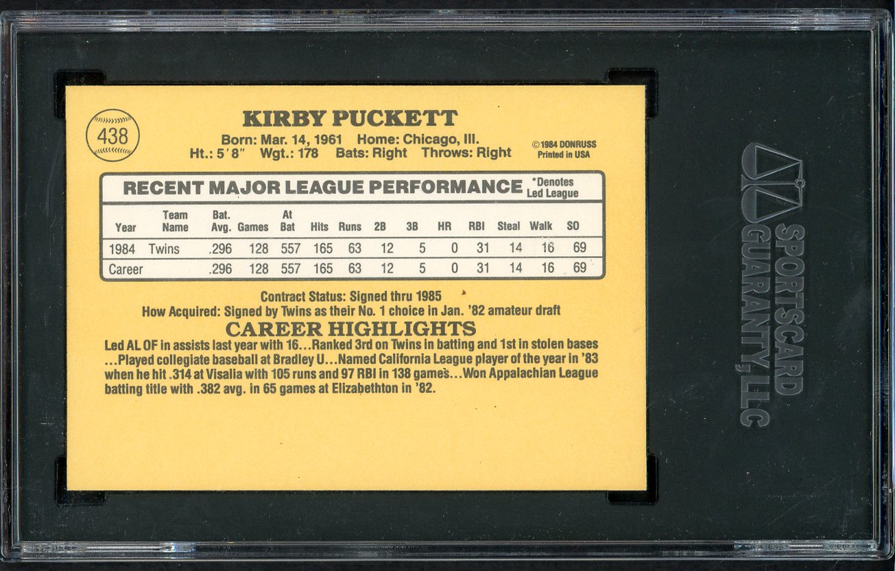1985 Donruss #438 Kirby Puckett Twins SGC 9 MINT 554883