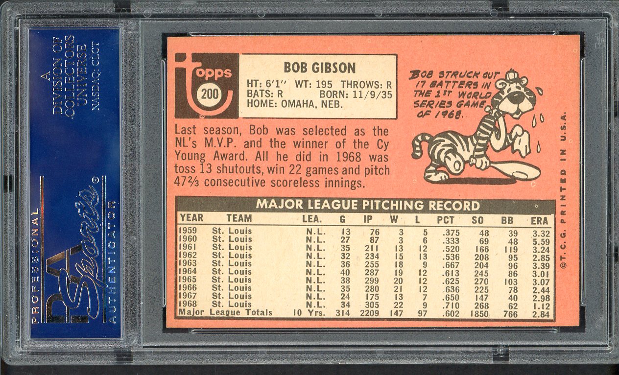 1969 Topps Baseball #200 Bob Gibson Cardinals PSA 8 NM/MT oc 554969