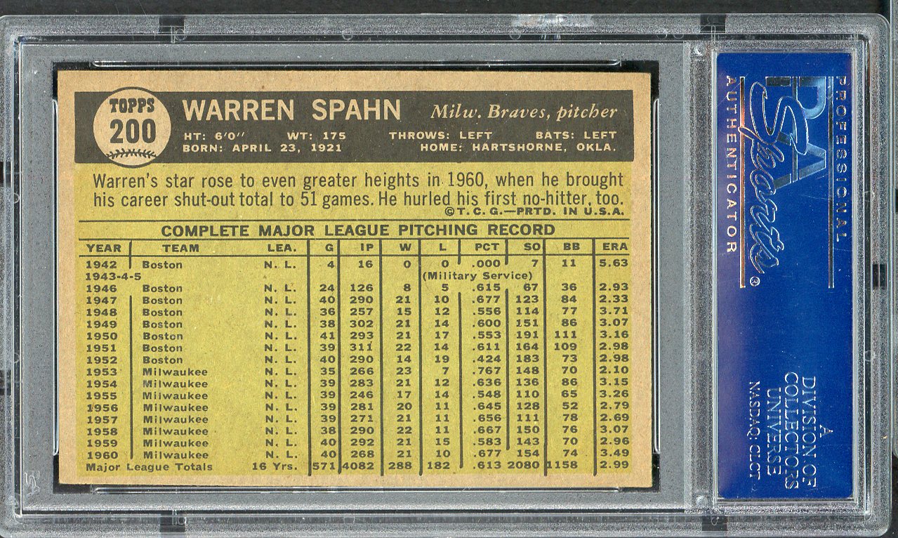 1961 Topps Baseball #200 Warren Spahn Braves PSA 5 EX 555007