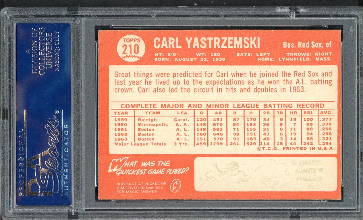 1964 Topps Baseball #210 Carl Yastrzemski Red Sox PSA 4 VG-EX 555025