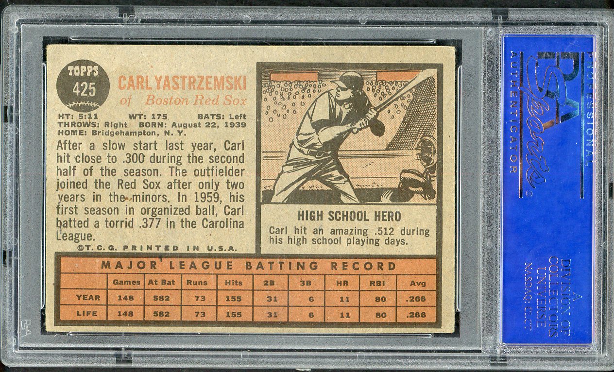 1962 Topps Baseball #425 Carl Yastrzemski Red Sox PSA 4 VG-EX 555061