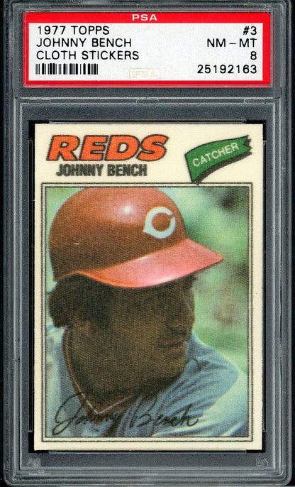 1977 Topps Baseball Cloth Stickers #003 Johnny Bench Reds PSA 8 NM/MT 555093