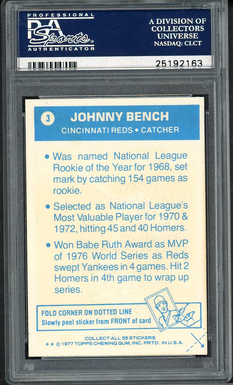 1977 Topps Baseball Cloth Stickers #003 Johnny Bench Reds PSA 8 NM/MT 555093