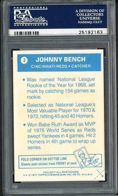 1977 Topps Baseball Cloth Stickers #003 Johnny Bench Reds PSA 8 NM/MT 555093