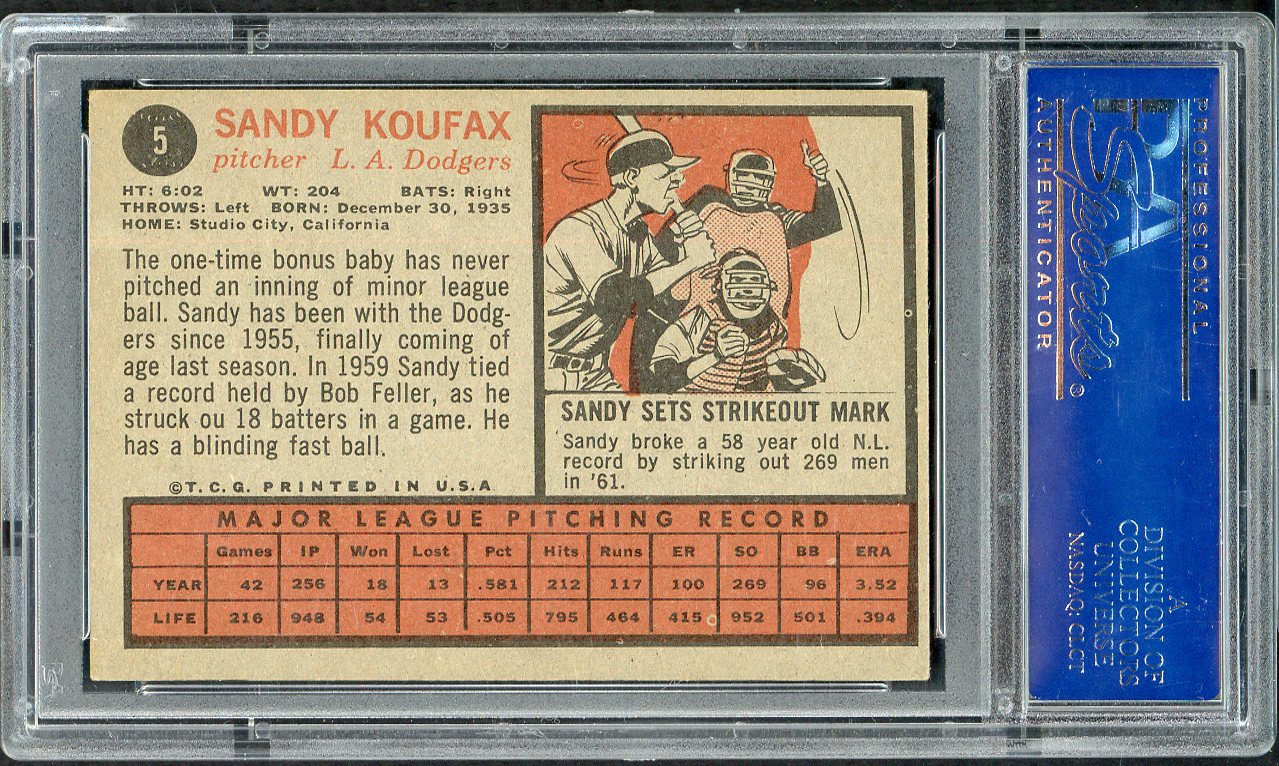 1962 Topps Baseball #005 Sandy Koufax Dodgers PSA 5 EX 555115