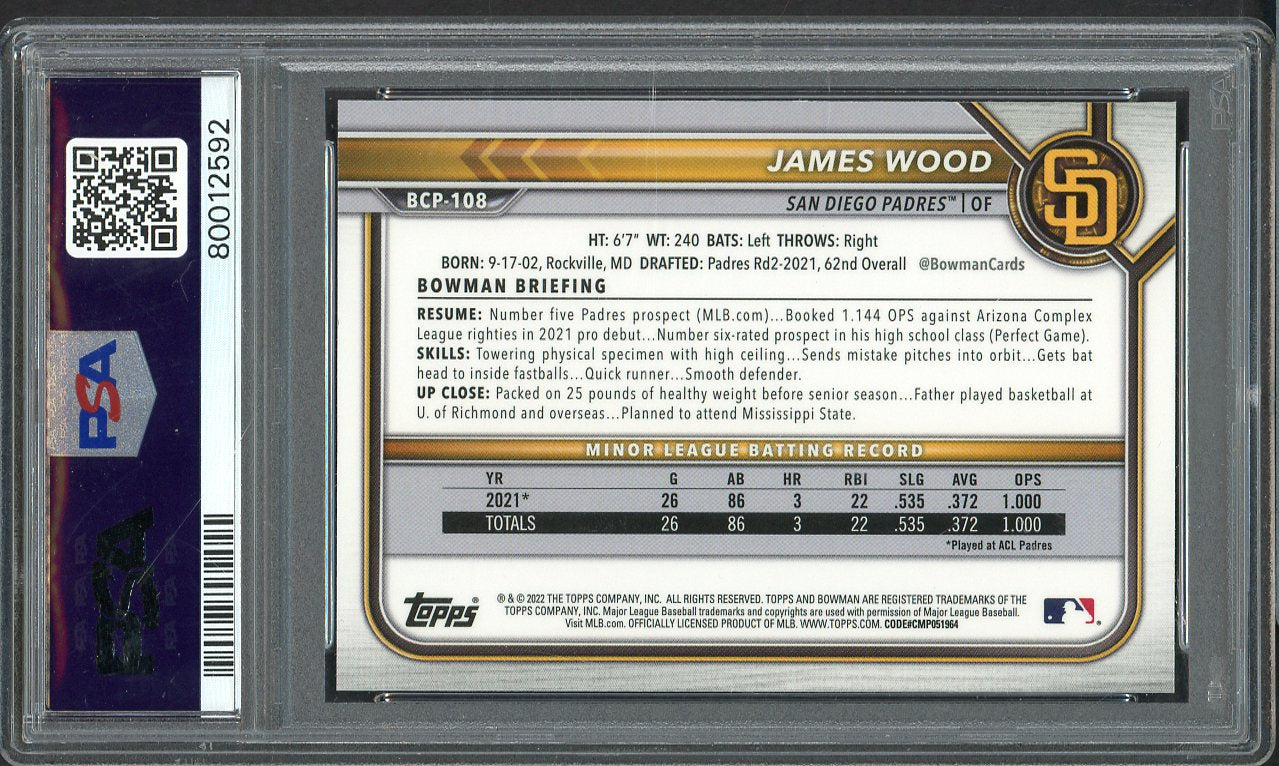 2022 Bowman SE Chrome #BCP108 James Wood Padres PSA 10 GEM MINT 555158