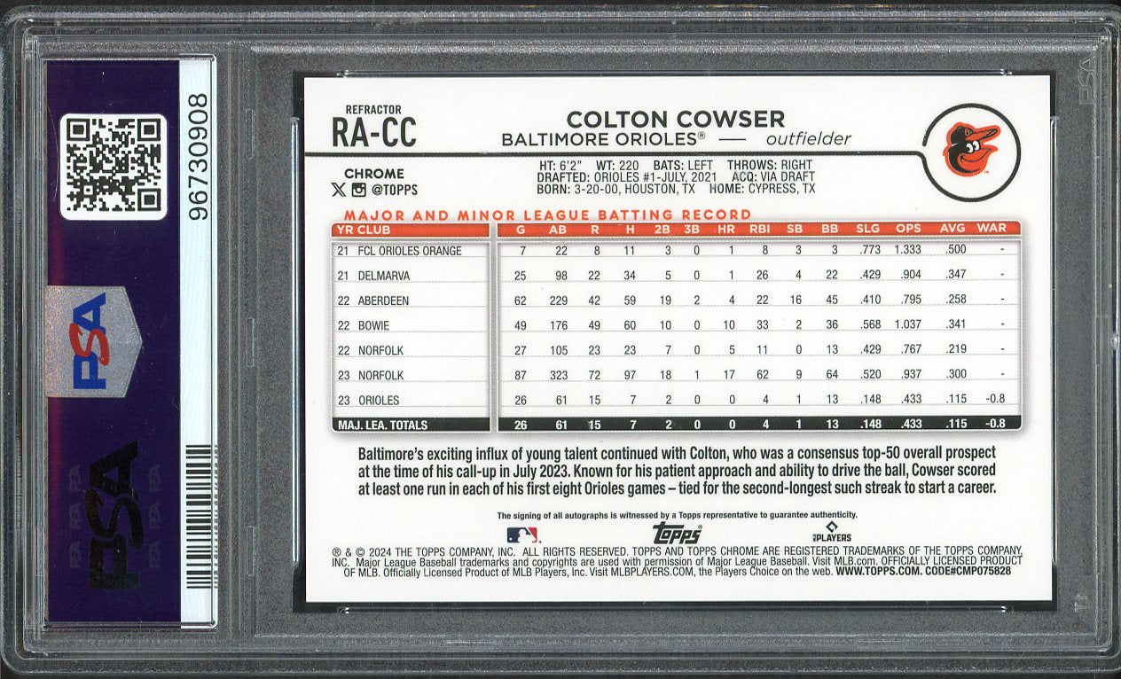 2024 Topps Chrome Refractor #RACC Colton Cowser Orioles PSA 9 MINT Autograph 555160