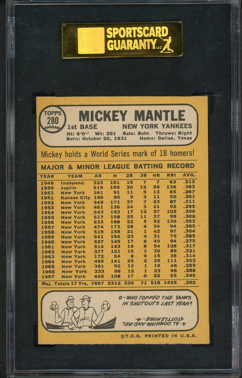 1968 Topps Baseball #280 Mickey Mantle Yankees SGC 5.5 EX+ 555205