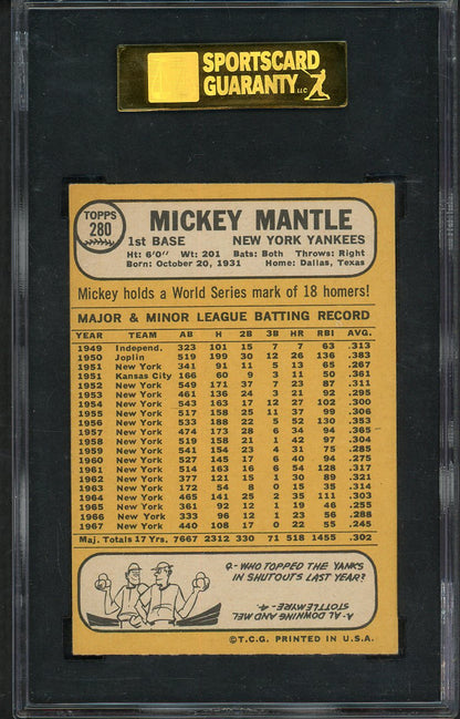 1968 Topps Baseball #280 Mickey Mantle Yankees SGC 5.5 EX+ 555205