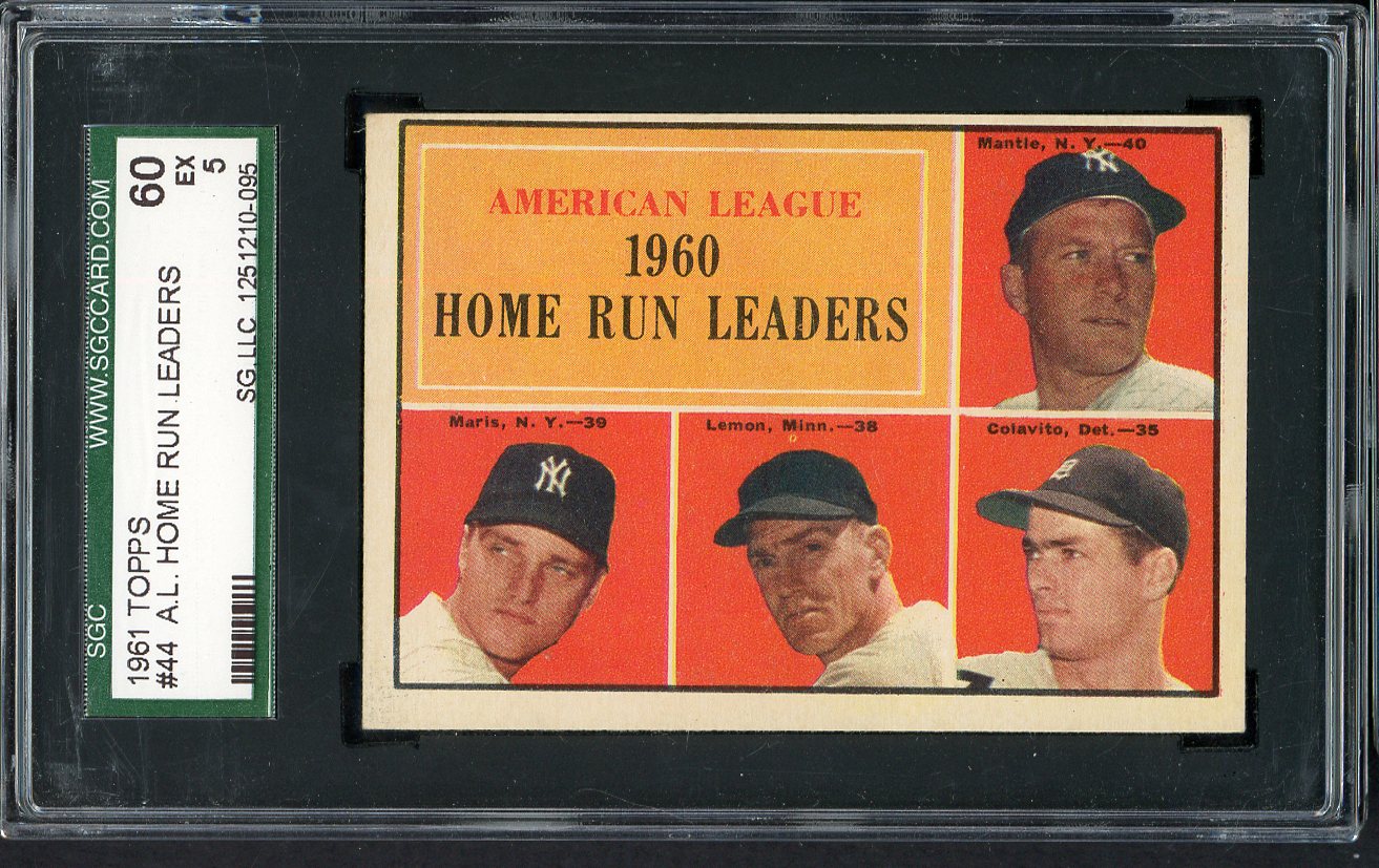 1961 Topps Baseball #044 A.L. Home Run Leaders Mickey Mantle SGC 5 EX 555211