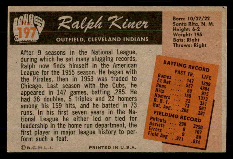 1955 Bowman Baseball #197 Ralph Kiner Indians EX-MT 555557