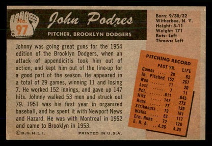 1955 Bowman Baseball #097 Johnny Podres Dodgers EX 555559