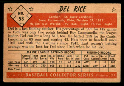 1953 Bowman Color Baseball #053 Del Rice Cardinals GD-VG 555562