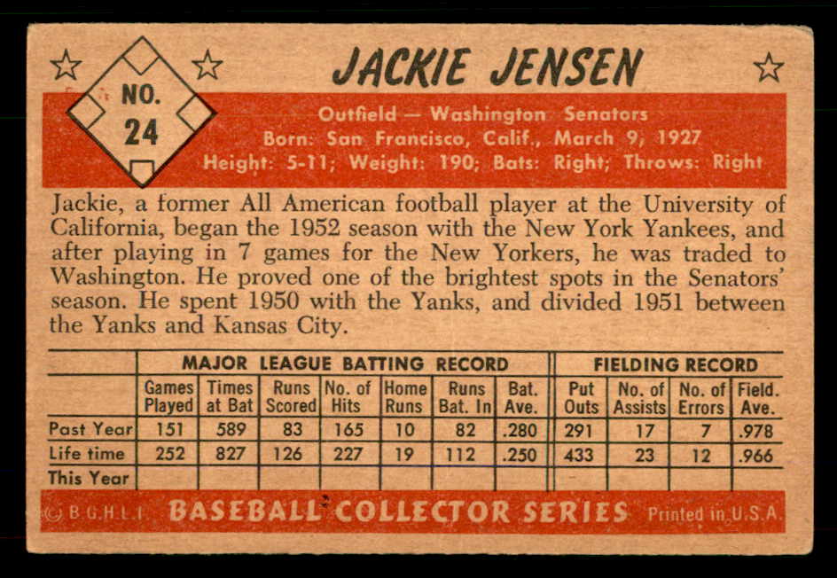1953 Bowman Color Baseball #024 Jackie Jensen Senators VG-EX 555565