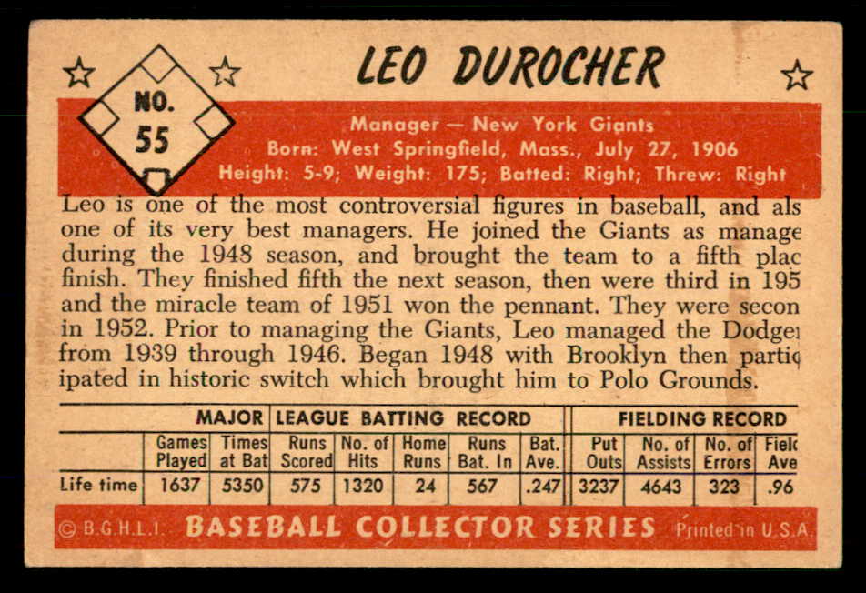1953 Bowman Color Baseball #055 Leo Durocher Giants EX 555566