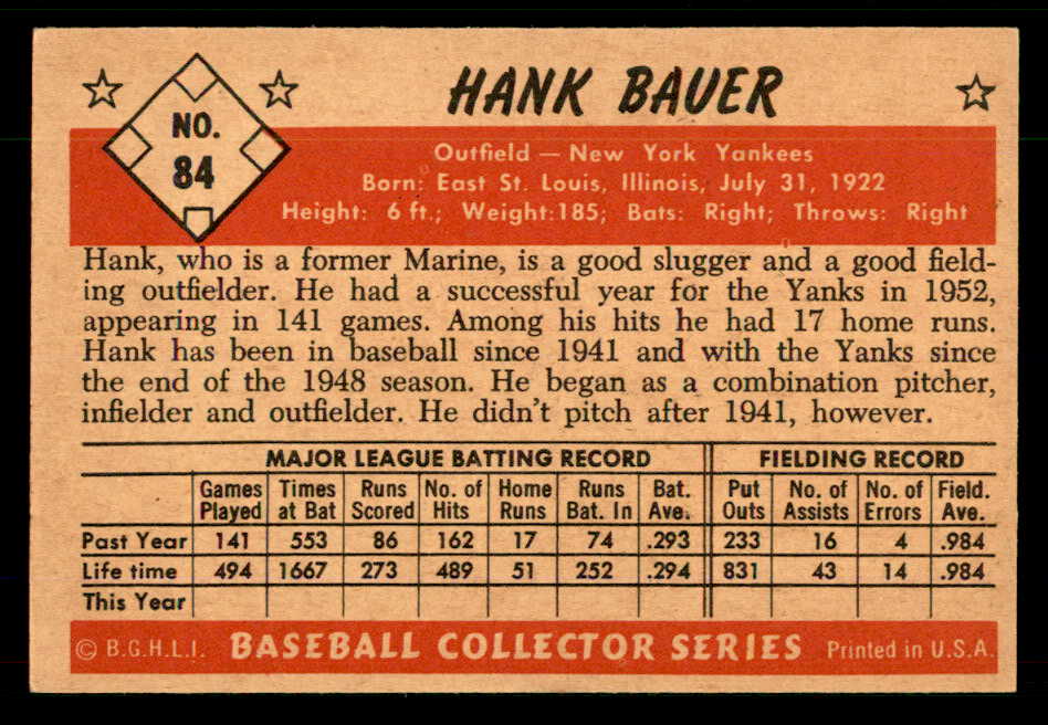 1953 Bowman Color Baseball #084 Hank Bauer Yankees EX 555567