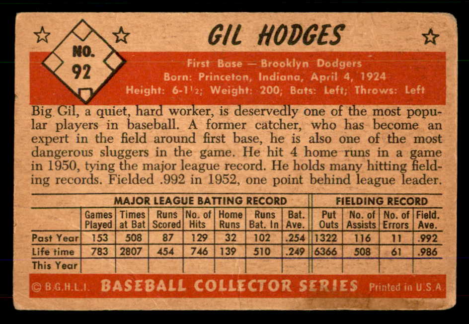 1953 Bowman Color Baseball #092 Gil Hodges Dodgers VG 555572