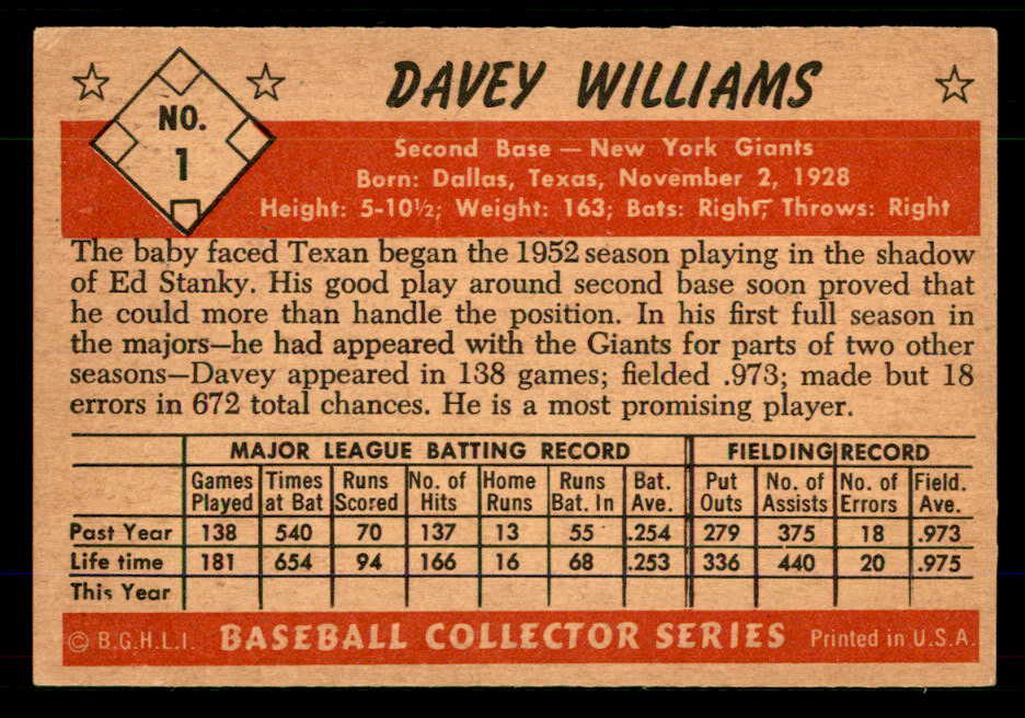 1953 Bowman Color Baseball #001 Davey Williams Giants EX+/EX-MT 555573