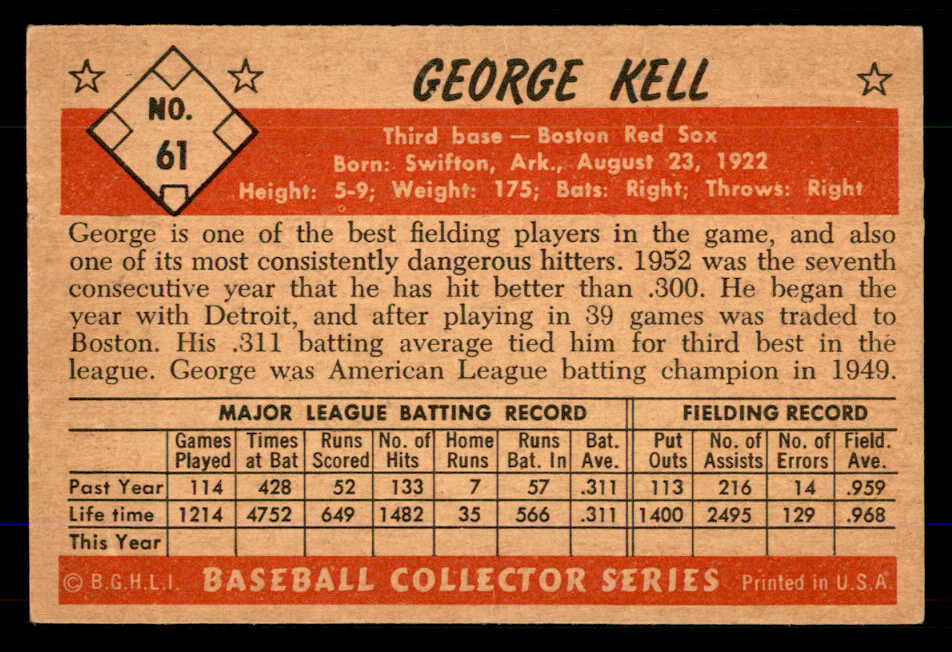 1953 Bowman Color Baseball #061 George Kell Red Sox EX+/EX-MT 555575