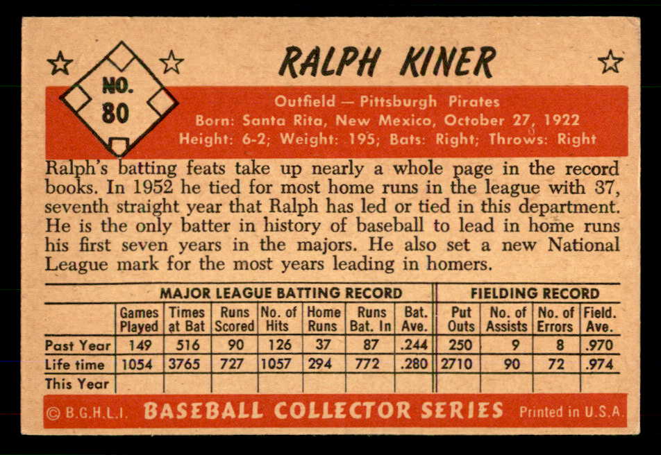 1953 Bowman Color Baseball #080 Ralph Kiner Pirates EX+/EX-MT 555577