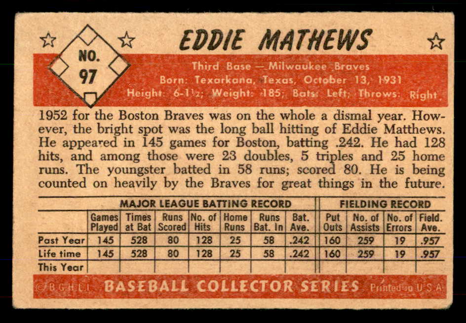 1953 Bowman Color Baseball #097 Eddie Mathews Braves VG-EX 555585