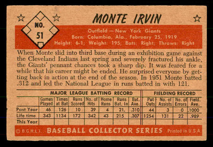 1953 Bowman Color Baseball #051 Monte Irvin Giants VG-EX 555587