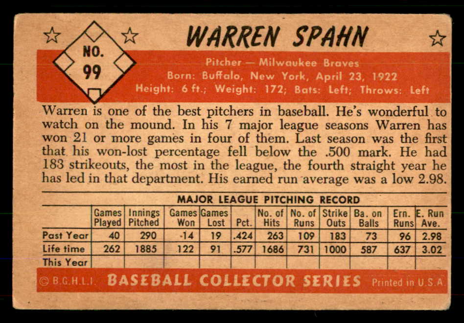 1953 Bowman Color Baseball #099 Warren Spahn Braves VG 555592