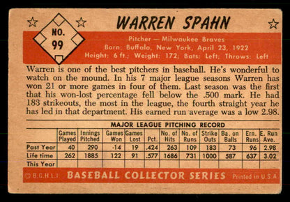 1953 Bowman Color Baseball #099 Warren Spahn Braves VG 555592