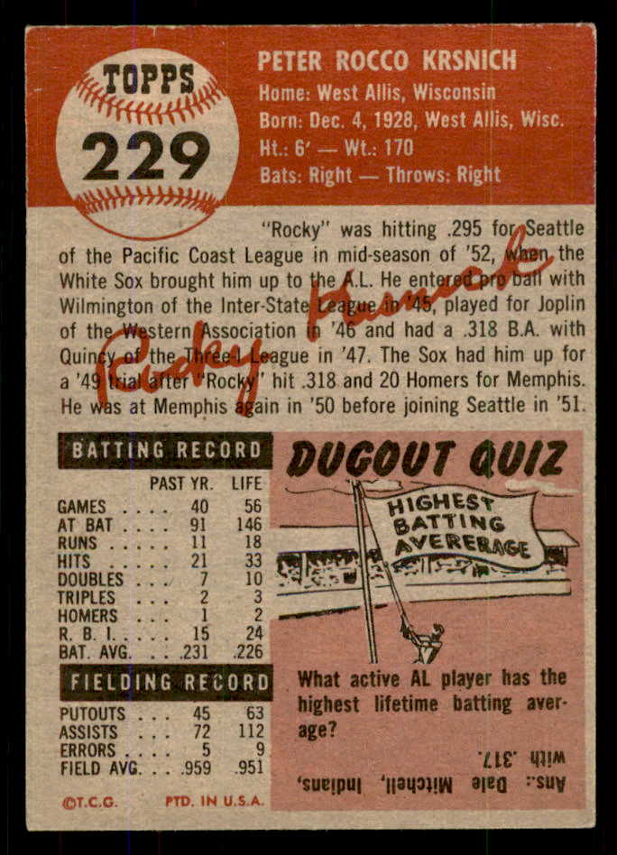 1953 Topps Baseball #229 Rocky Krsnich White Sox EX+ 555594