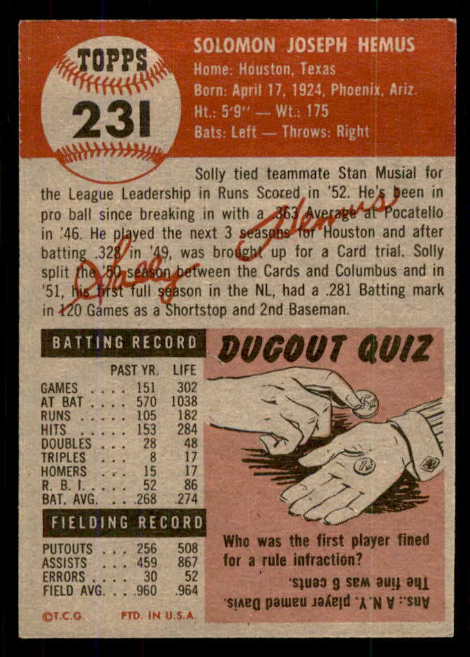 1953 Topps Baseball #231 Solly Hemus Cardinals EX-MT 555595
