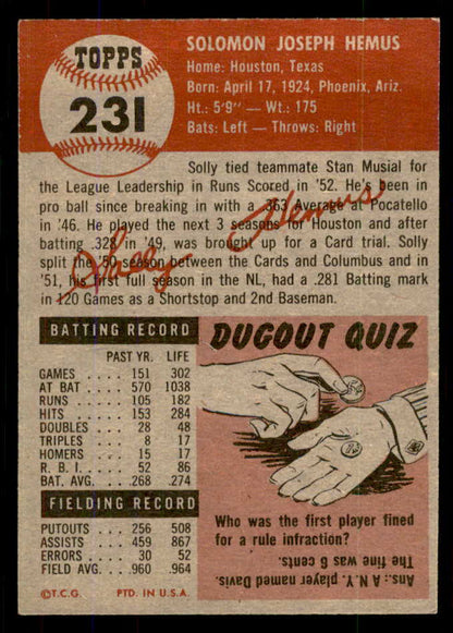 1953 Topps Baseball #231 Solly Hemus Cardinals EX-MT 555595