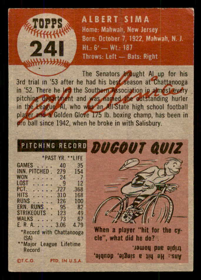 1953 Topps Baseball #241 Al Sima Senators EX+/EX-MT 555603