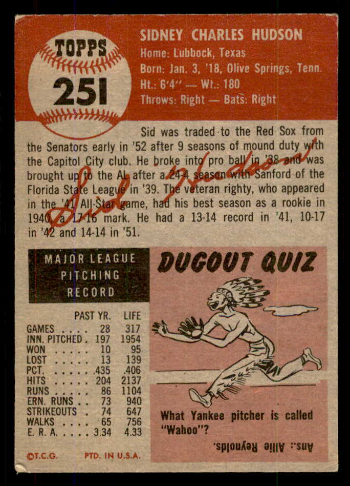 1953 Topps Baseball #251 Sid Hudson Red Sox VG-EX 555609