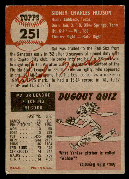 1953 Topps Baseball #251 Sid Hudson Red Sox VG-EX 555609