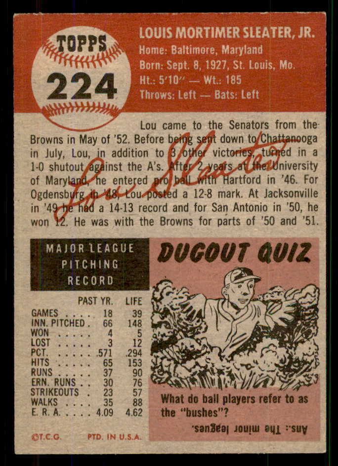 1953 Topps Baseball #224 Lou Sleater Senators EX+/EX-MT 555618