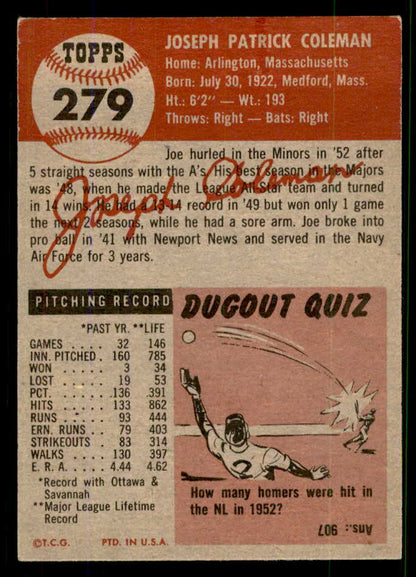 1953 Topps Baseball #279 Joe Coleman A"S EX-MT 555619