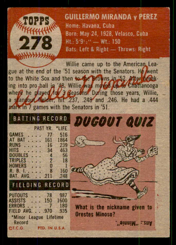 1953 Topps Baseball #278 Willie Miranda Browns EX+/EX-MT 555621