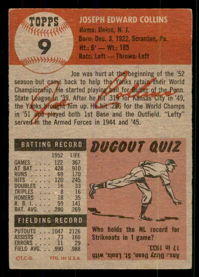 1953 Topps Baseball #009 Joe Collins Yankees EX 555622