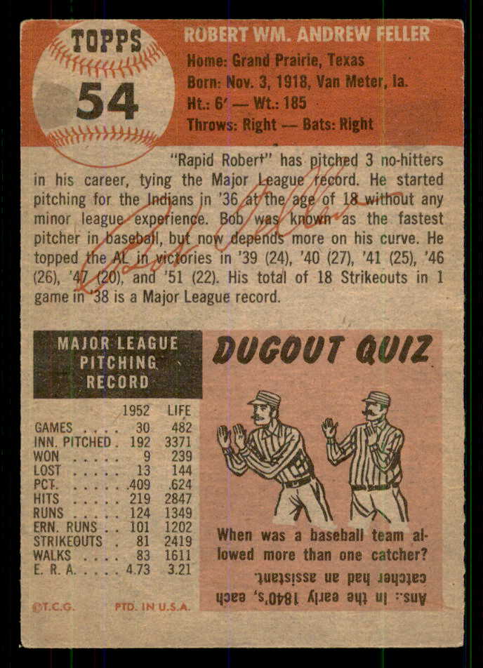 1953 Topps Baseball #054 Bob Feller Indians VG-EX 555624
