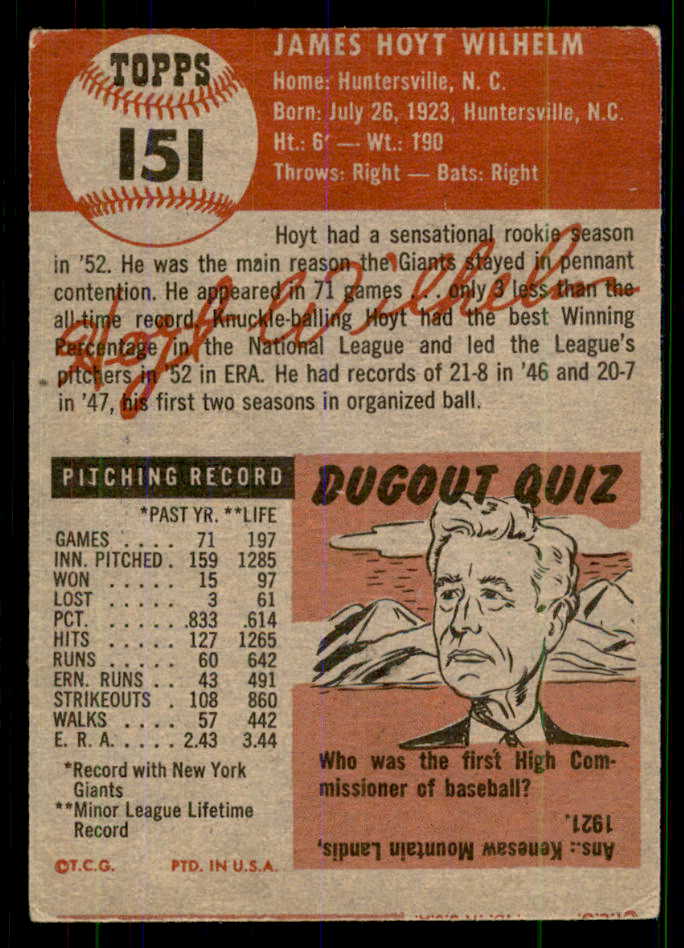 1953 Topps Baseball #151 Hoyt Wilhelm Giants VG 555625