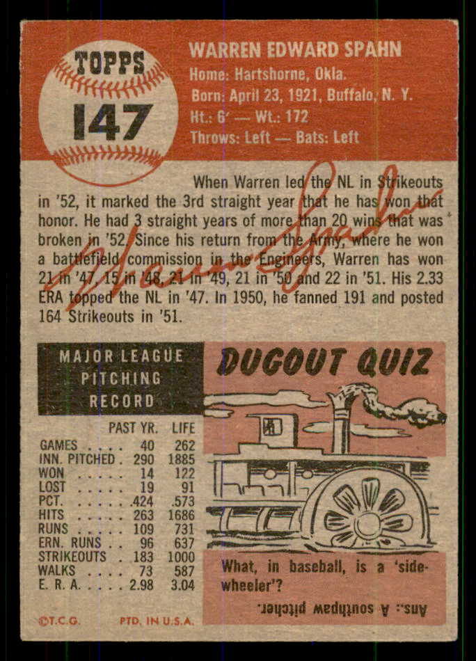 1953 Topps Baseball #147 Warren Spahn Braves VG-EX 555626