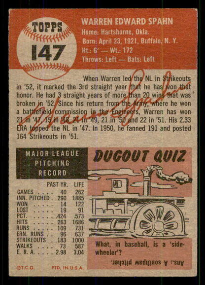 1953 Topps Baseball #147 Warren Spahn Braves VG-EX 555626