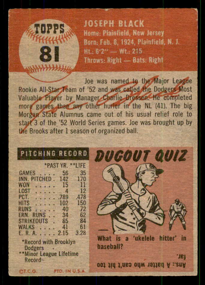 1953 Topps Baseball #081 Joe Black Dodgers VG-EX/EX 555631