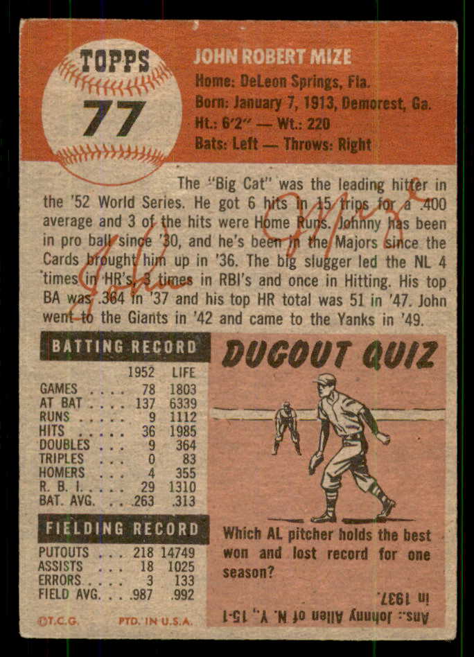 1953 Topps Baseball #077 Johnny Mize Yankees EX 555632