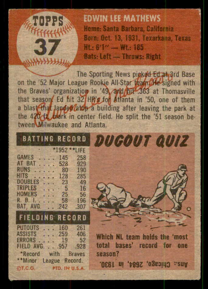1953 Topps Baseball #037 Eddie Mathews Braves VG-EX/EX 555636