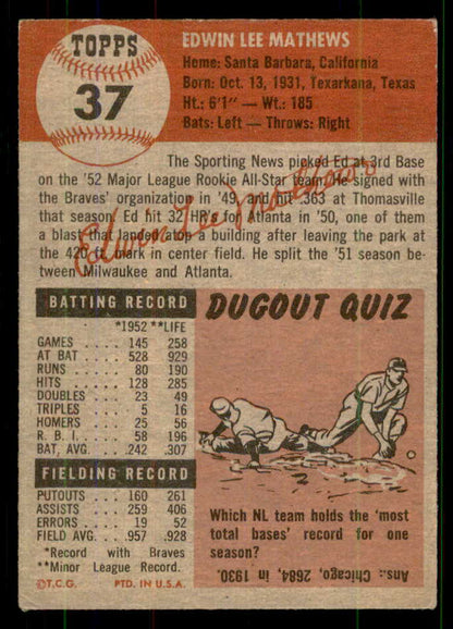 1953 Topps Baseball #037 Eddie Mathews Braves VG-EX/EX 555636